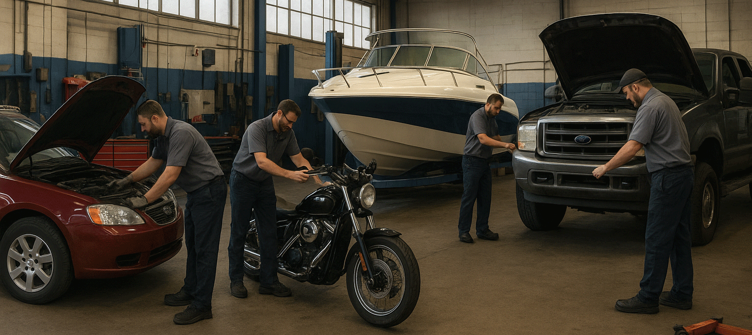 Repair Shop with techs, a boat, a car, a motorcycle and a truck